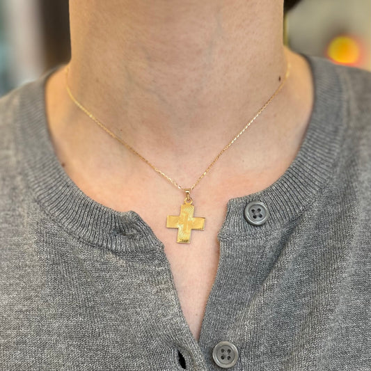 14KT Yellow Gold Greek Swirl Cut-Out Cross Pendant Charm 18mm