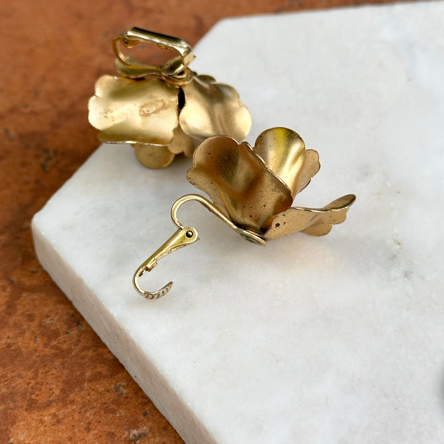 Estate Brass Large Rose Non-Pierced Clip-On Earrings