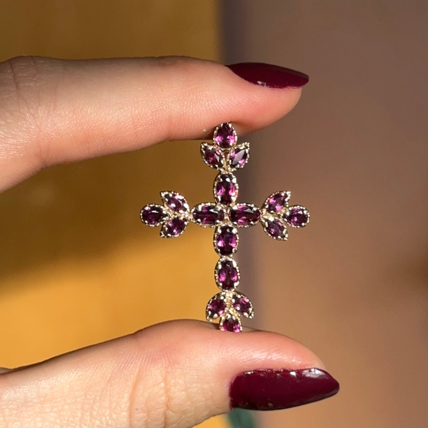 Estate 14KT Yellow Gold Genuine Amethyst Cross Pendant Slide Hidden Bail 36mm