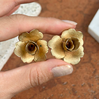 Estate Brass Large Rose Non-Pierced Clip-On Earrings