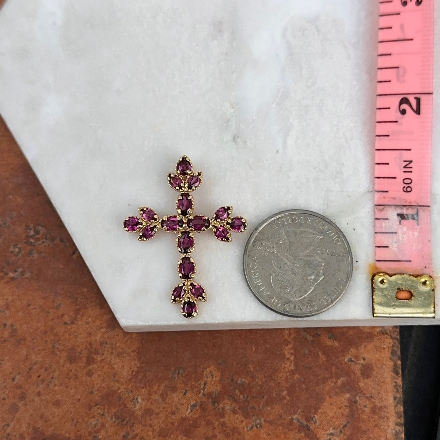 Estate 14KT Yellow Gold Genuine Amethyst Cross Pendant Slide Hidden Bail 36mm