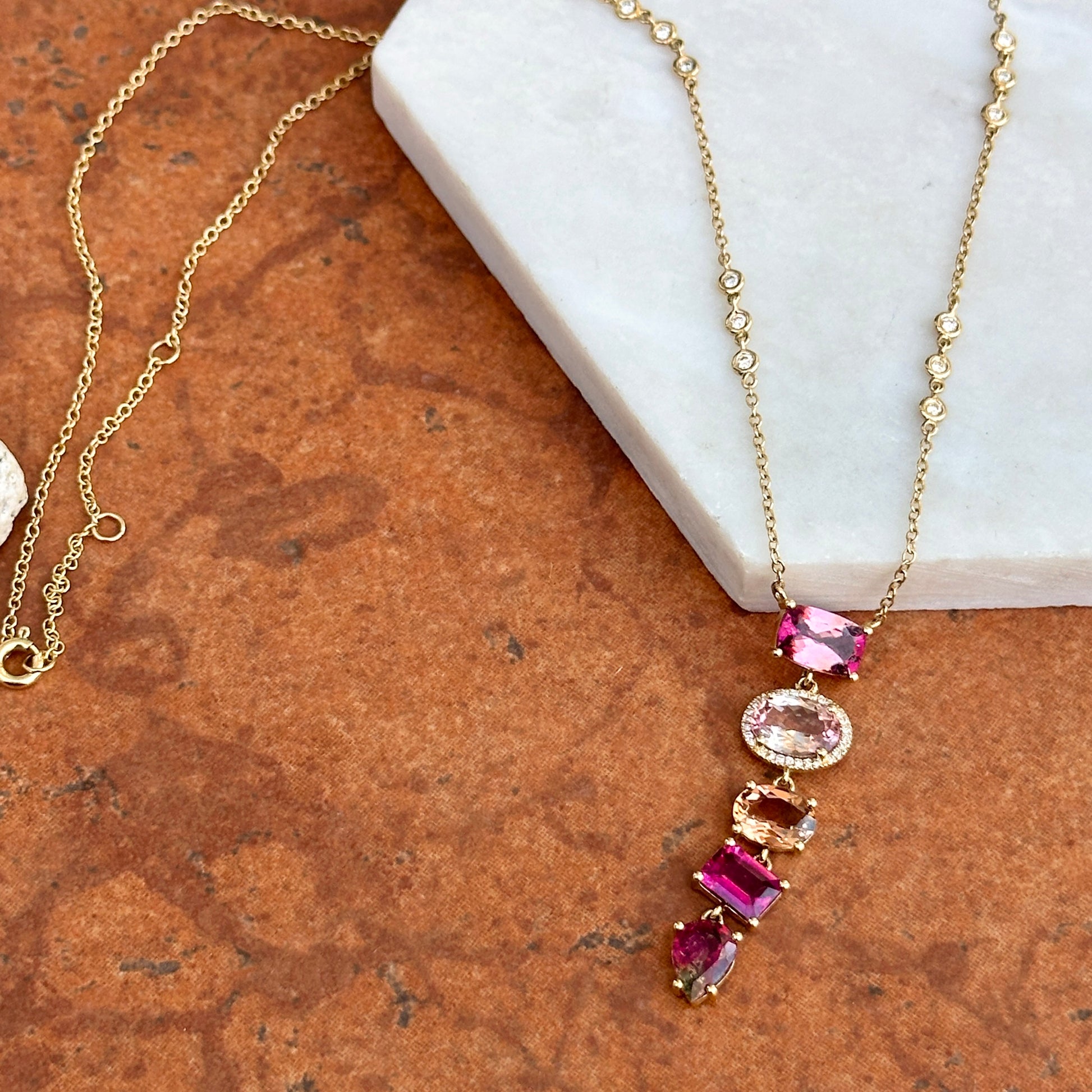 Estate 14KT Yellow Gold Multi Colored Pink Tourmaline + Diamond Y Pendant Necklace - LSJ