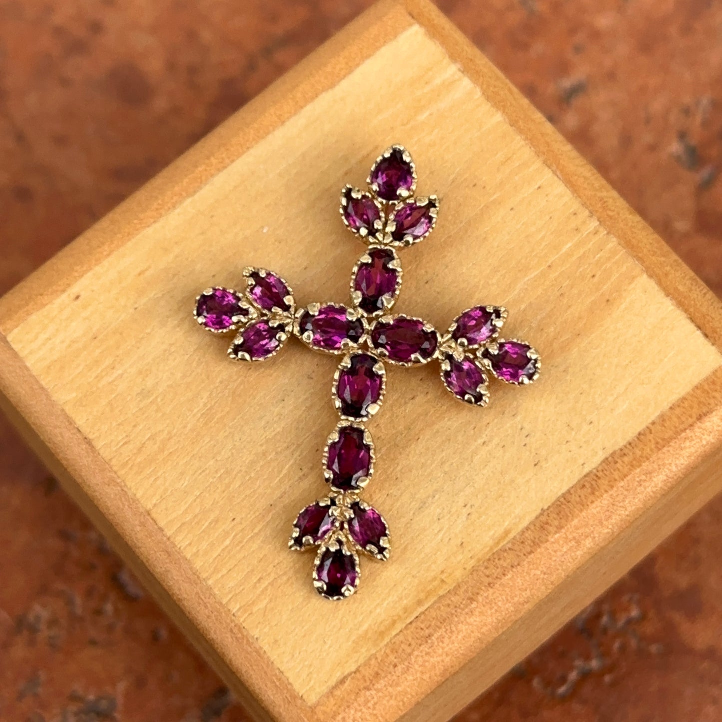 Estate 14KT Yellow Gold Genuine Amethyst Cross Pendant Slide Hidden Bail 36mm