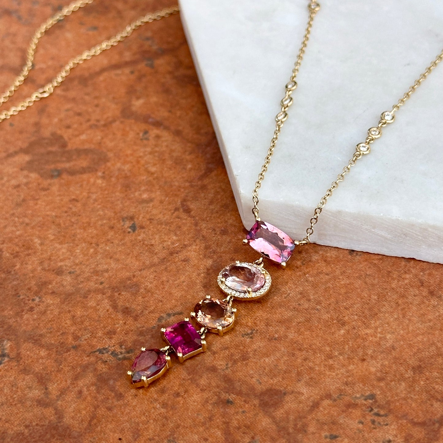 Estate 14KT Yellow Gold Multi Colored Pink Tourmaline + Diamond Y Pendant Necklace - LSJ