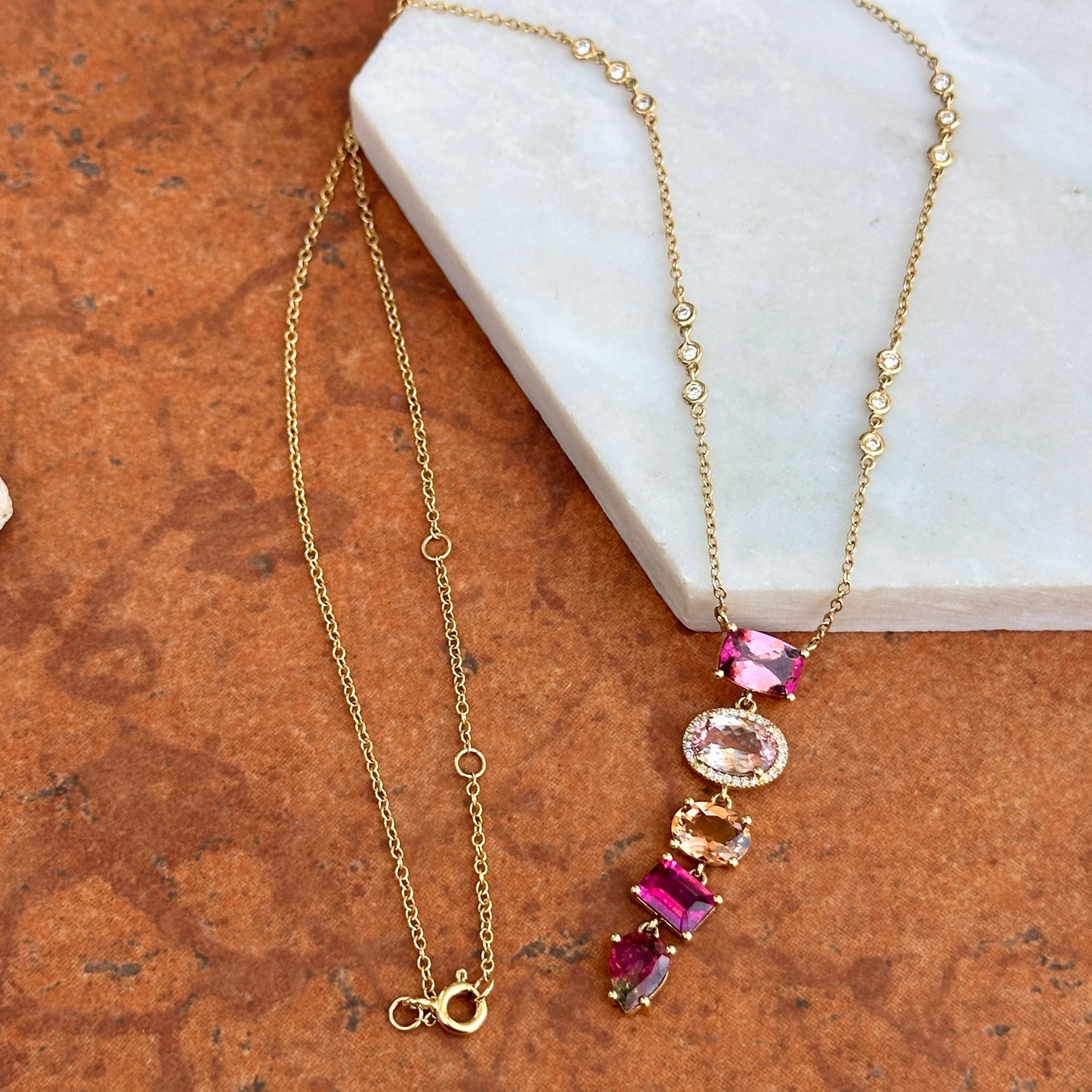 Estate 14KT Yellow Gold Multi Colored Pink Tourmaline + Diamond Y Pendant Necklace - LSJ