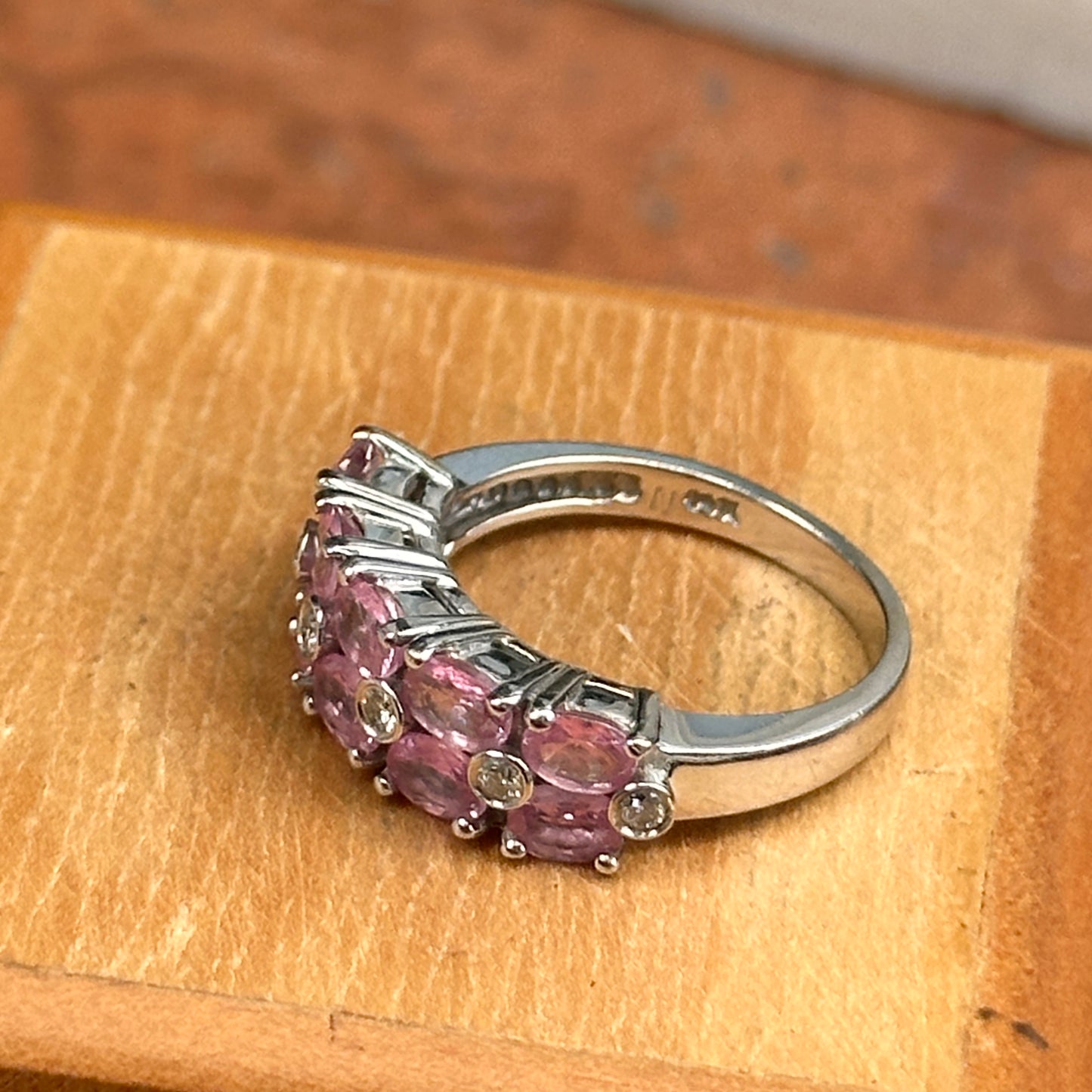 Estate 14KT White Gold Oval Pink Sapphire + Diamond Ring