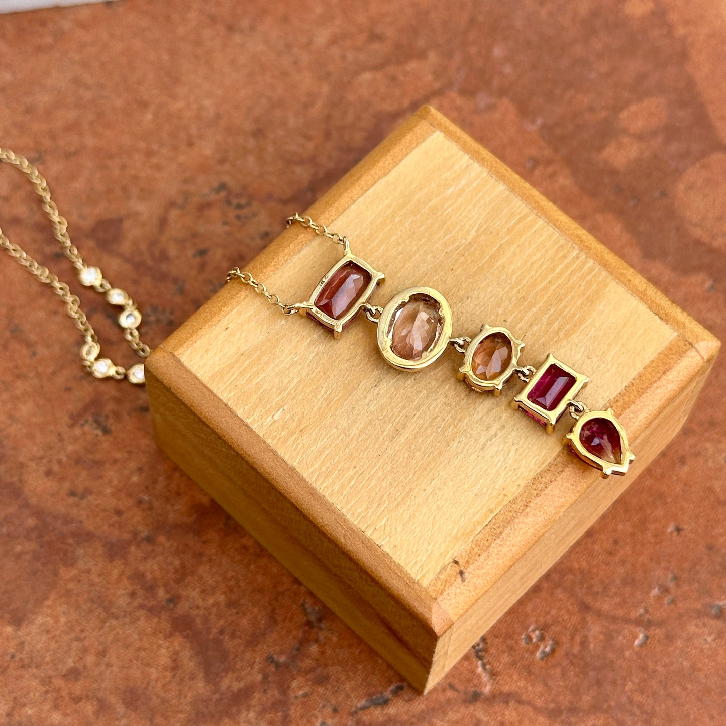 Estate 14KT Yellow Gold Multi Colored Pink Tourmaline + Diamond Y Pendant Necklace - LSJ