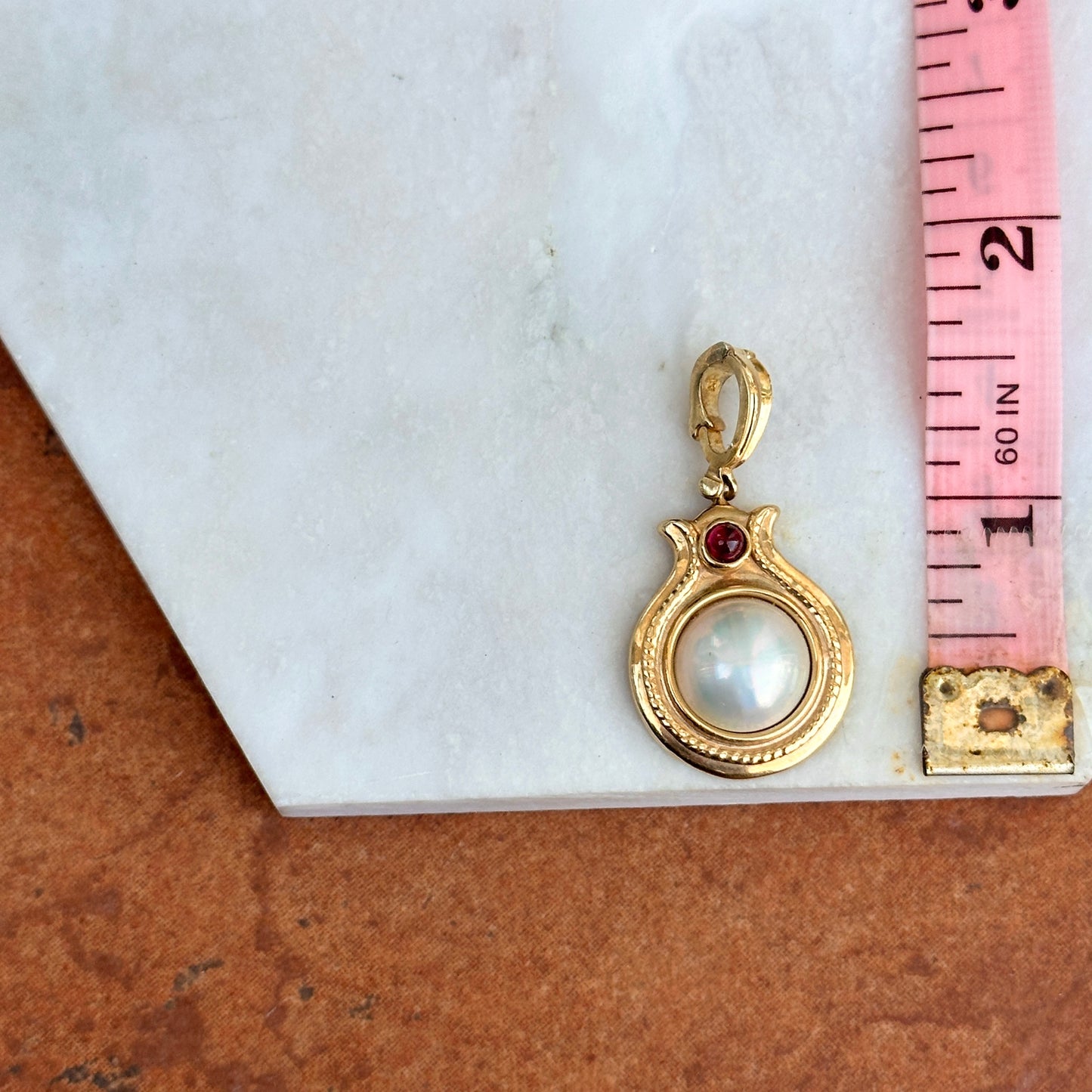 Estate 14KT Yellow Gold Mabe Pearl + Cabochon Pink Tourmaline Enhancer Pendant - LSJ