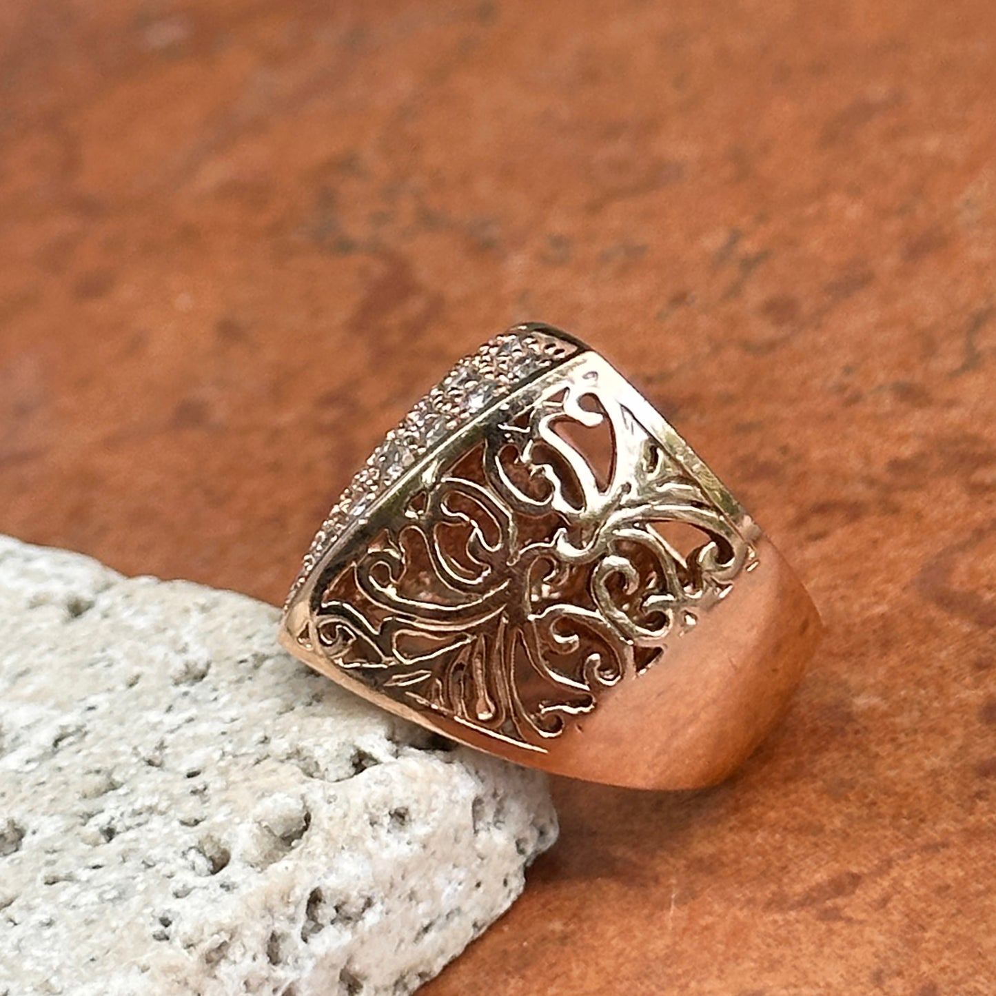 Estate 14KT Rose Gold Diamond Angular Filigree Ring