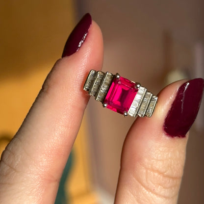 Vintage 14KT Yellow Gold Emerald-Cut Lab Ruby + Baguette Diamond Accent Ring