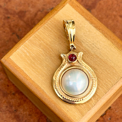 Estate 14KT Yellow Gold Mabe Pearl + Cabochon Pink Tourmaline Enhancer Pendant - LSJ