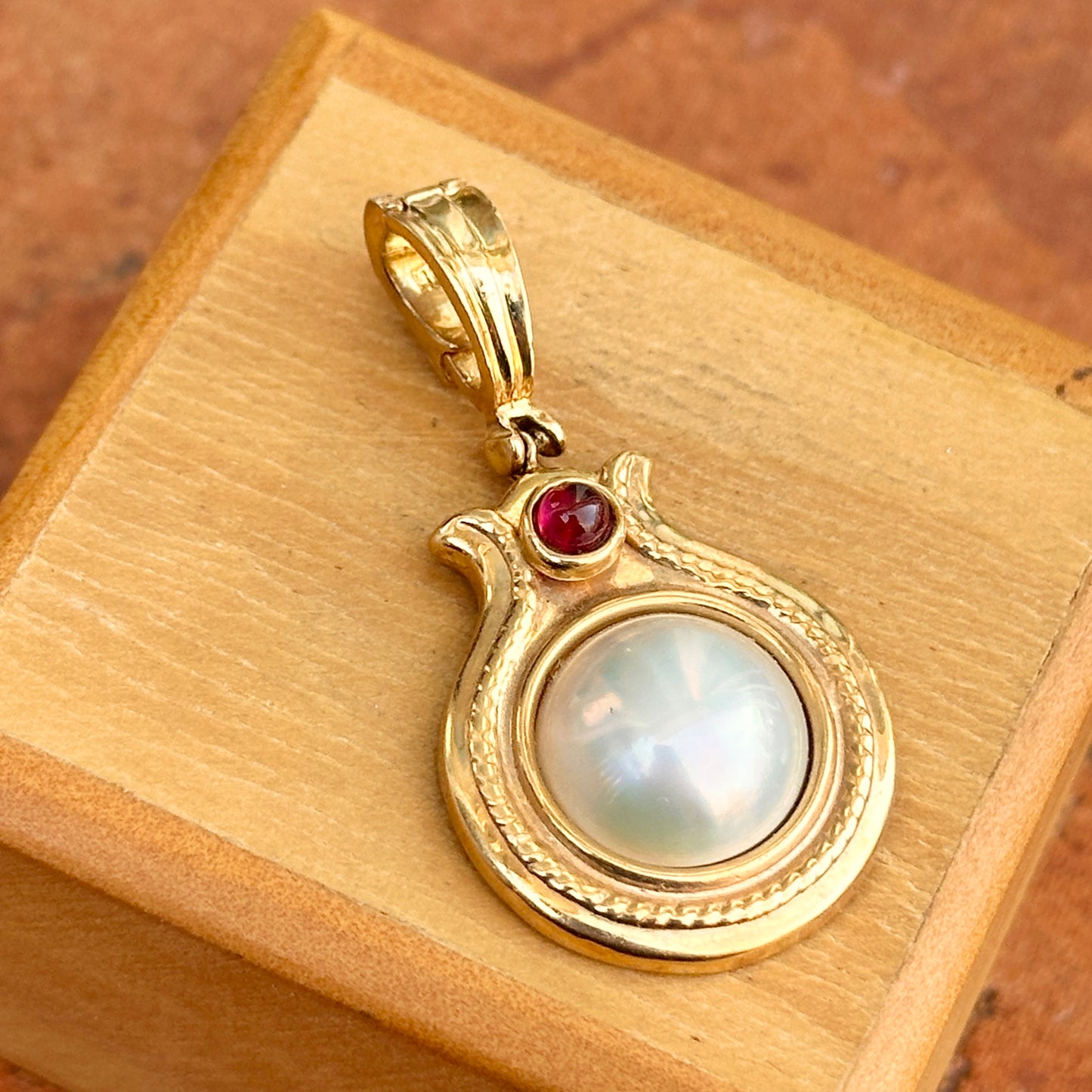 Estate 14KT Yellow Gold Mabe Pearl + Cabochon Pink Tourmaline Enhancer Pendant - LSJ