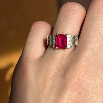 Vintage 14KT Yellow Gold Emerald-Cut Lab Ruby + Baguette Diamond Accent Ring