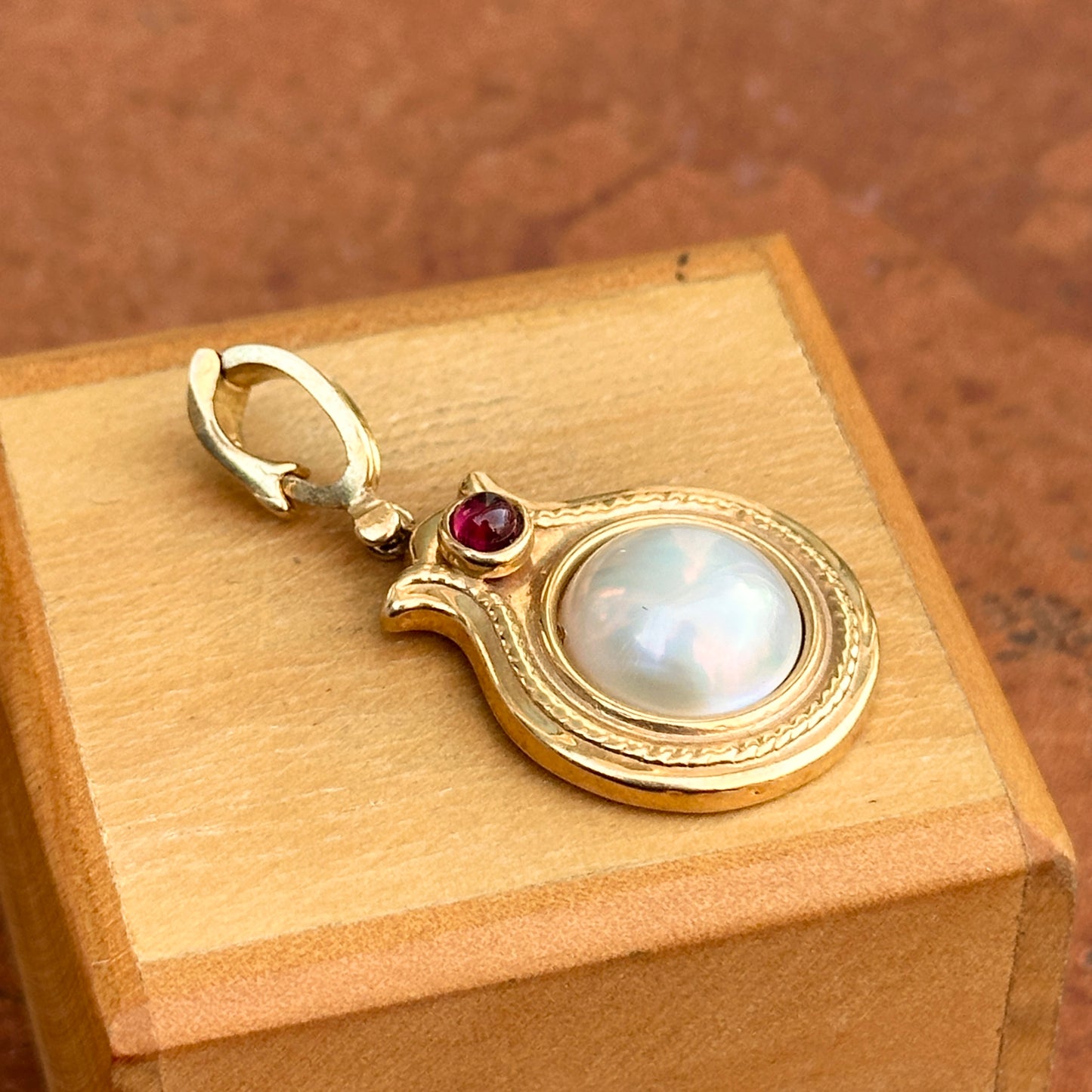 Estate 14KT Yellow Gold Mabe Pearl + Cabochon Pink Tourmaline Enhancer Pendant - LSJ