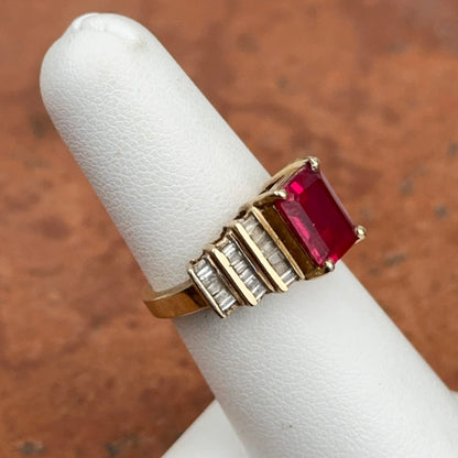 Vintage 14KT Yellow Gold Emerald-Cut Lab Ruby + Baguette Diamond Accent Ring