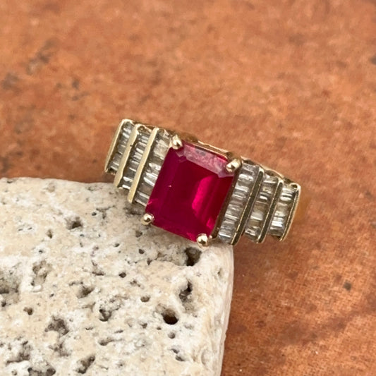 Estate 14KT Yellow Gold Emerald-Cut Lab Ruby + Baguette Diamond Accent Ring