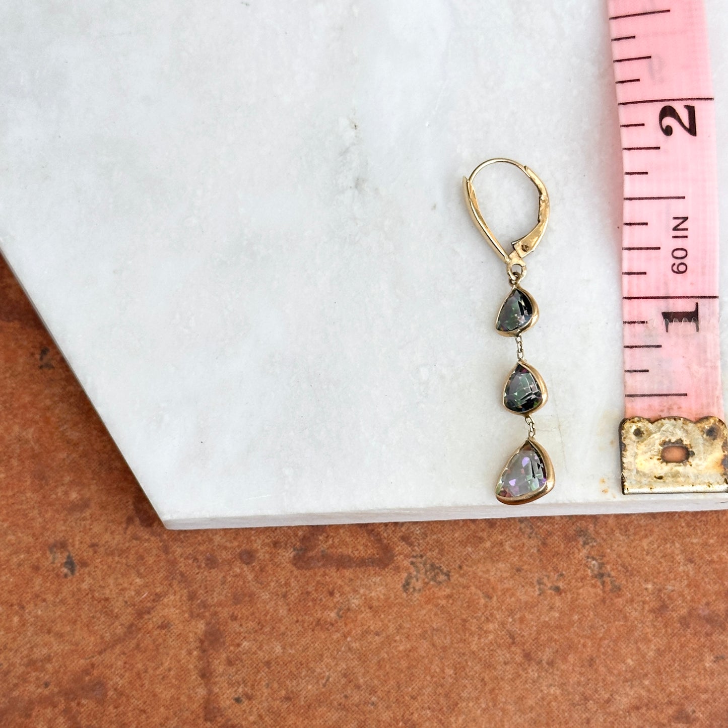 Estate 14KT Yellow Gold Trillion Faceted Mystic Topaz Bezel Dangle Earrings - LSJ