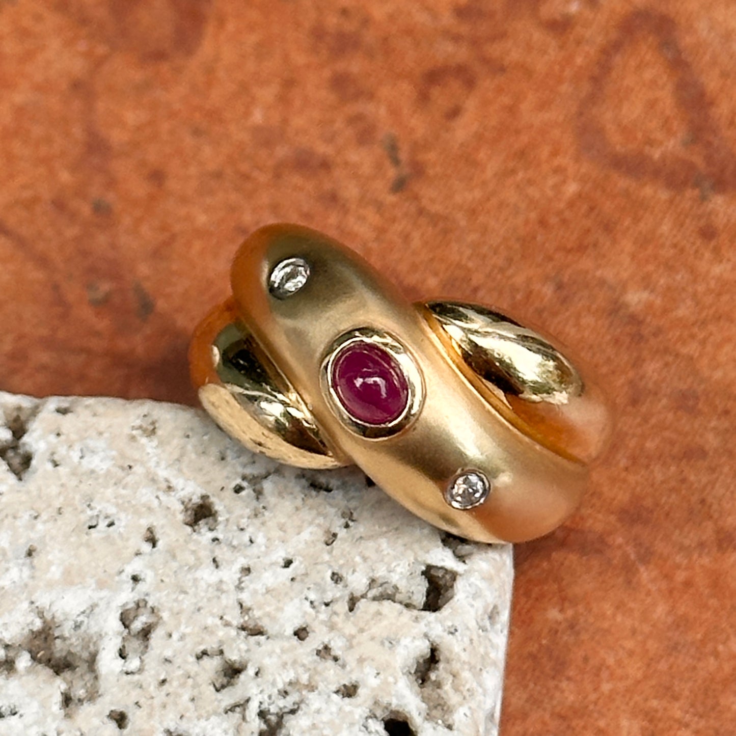 Estate 14KT Yellow Gold Oval Ruby + Diamond Matte Dome Ring