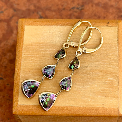 Estate 14KT Yellow Gold Trillion Faceted Mystic Topaz Bezel Dangle Earrings - LSJ