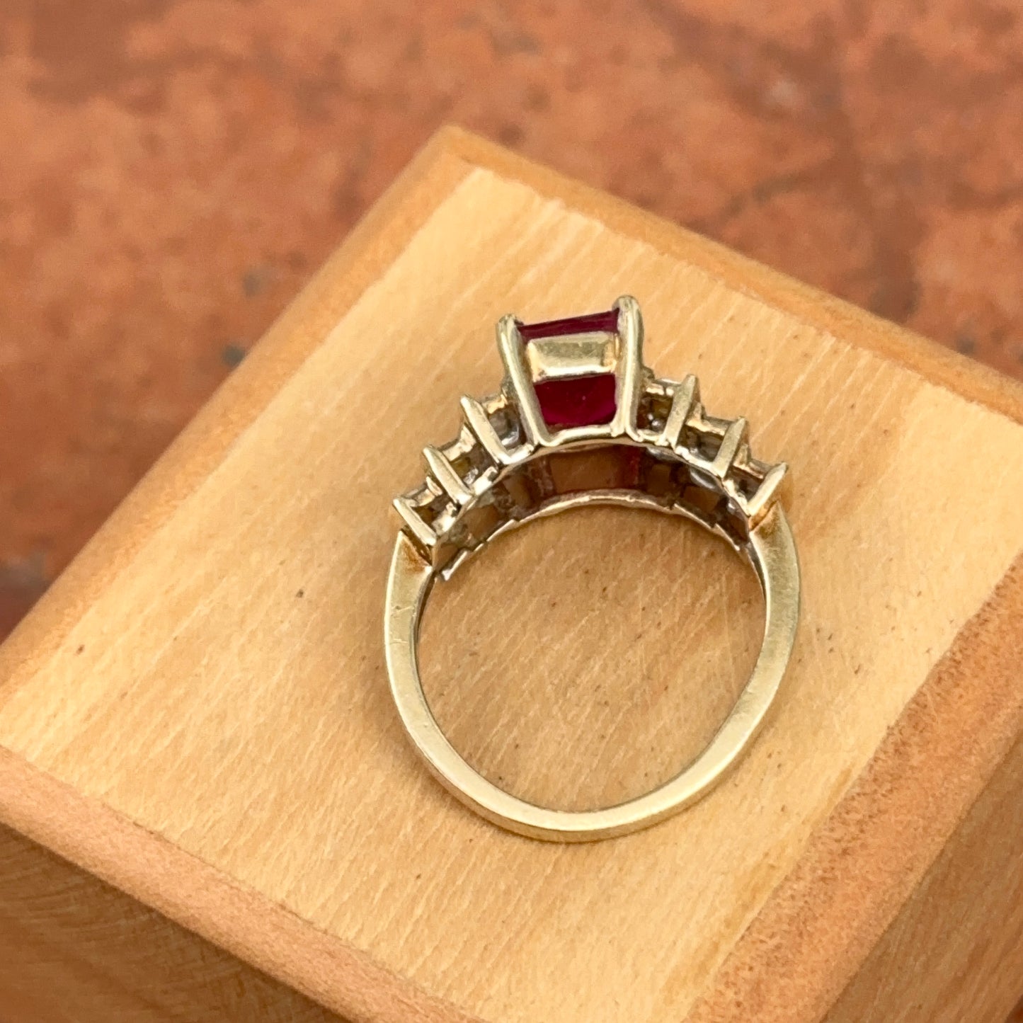 Vintage 14KT Yellow Gold Emerald-Cut Lab Ruby + Baguette Diamond Accent Ring