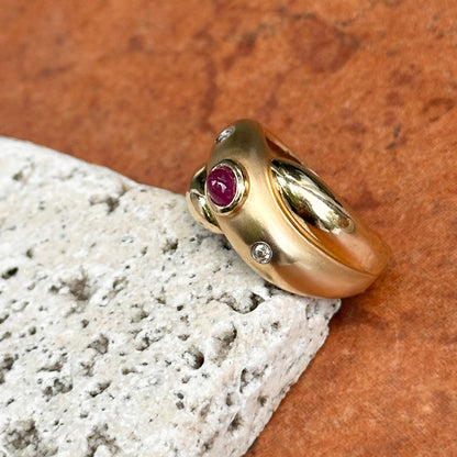 Estate 14KT Yellow Gold Oval Ruby + Diamond Matte Dome Ring
