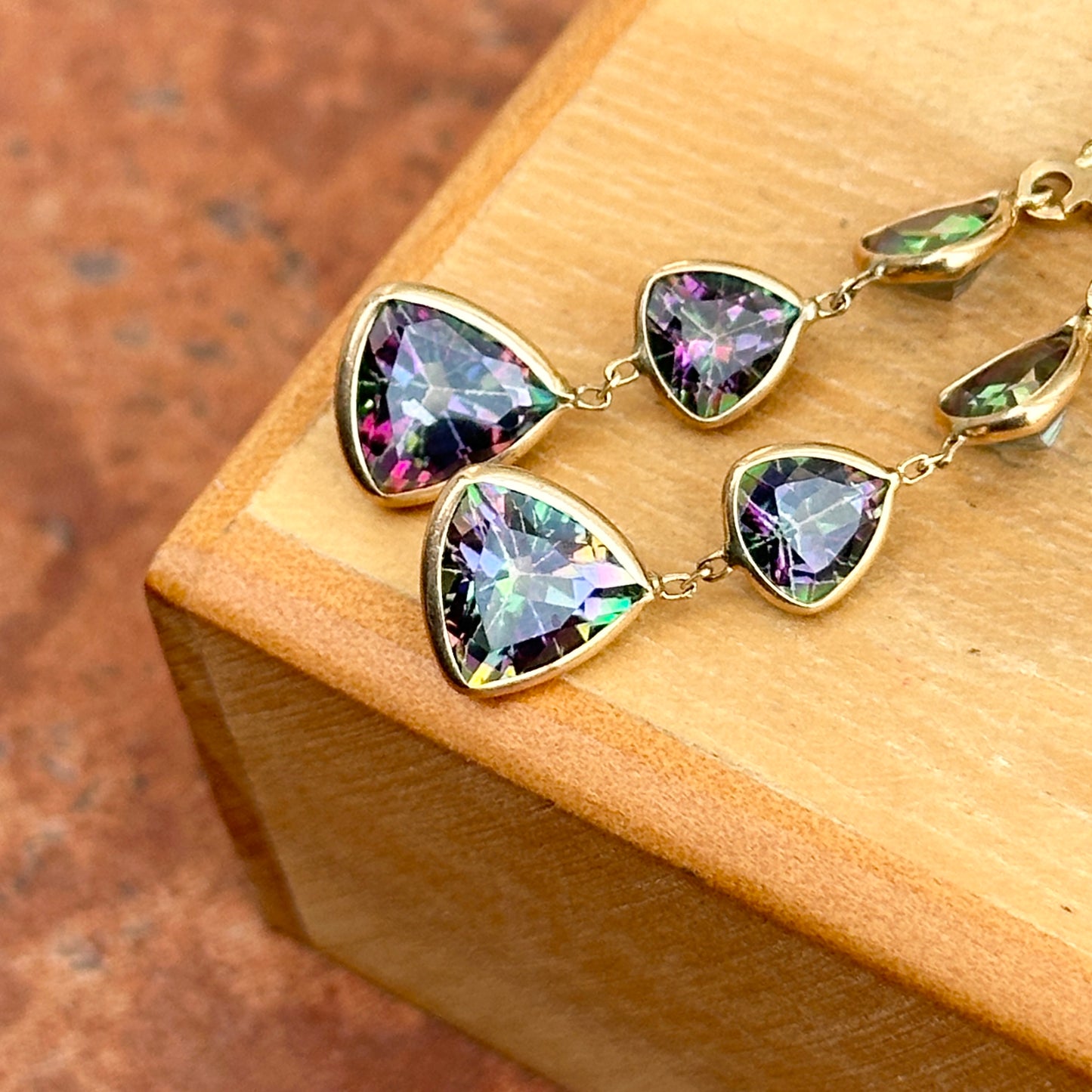Estate 14KT Yellow Gold Trillion Faceted Mystic Topaz Bezel Dangle Earrings - LSJ