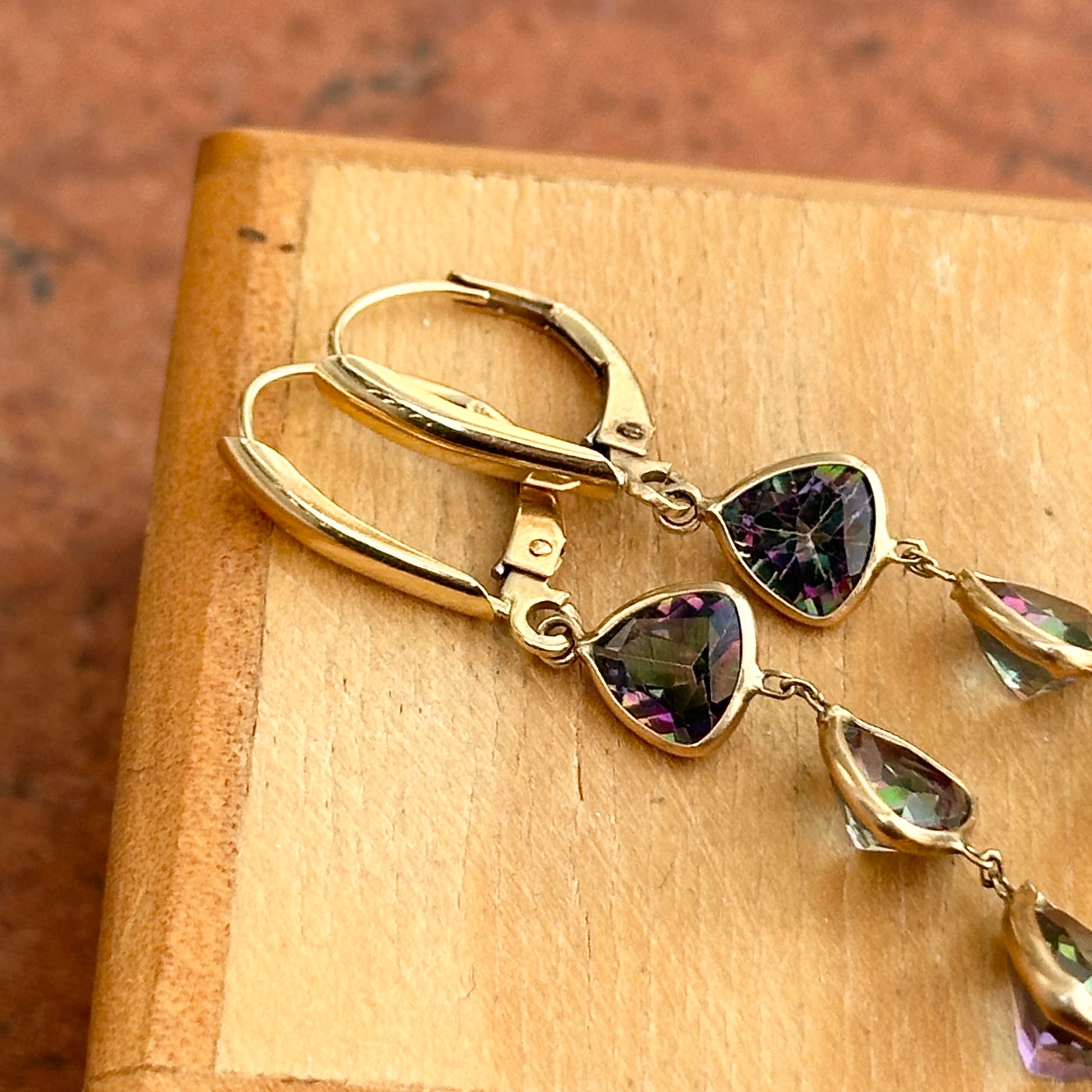 Estate 14KT Yellow Gold Trillion Faceted Mystic Topaz Bezel Dangle Earrings - LSJ