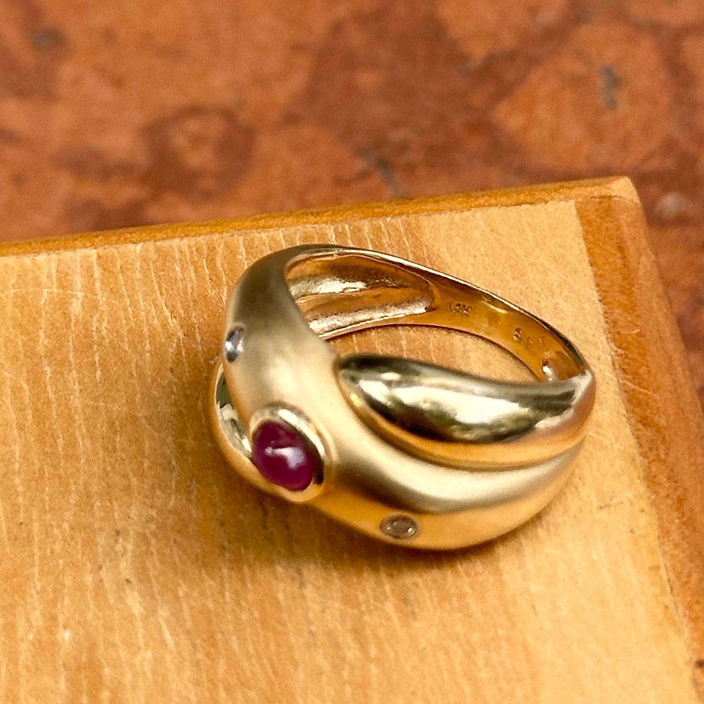 Estate 14KT Yellow Gold Oval Ruby + Diamond Matte Dome Ring