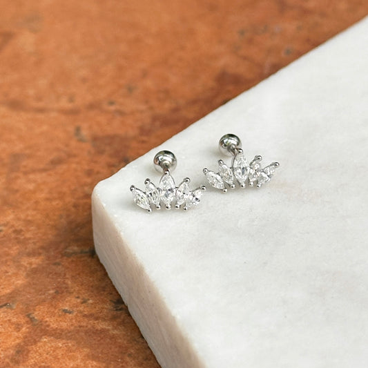 Sterling Silver "Crown" Marquise Cubic Zirconia Post Earrings + Ball Backs