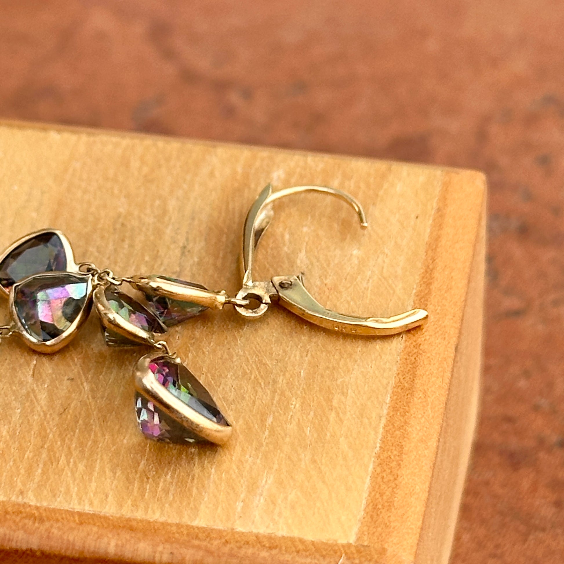 Estate 14KT Yellow Gold Trillion Faceted Mystic Topaz Bezel Dangle Earrings - LSJ