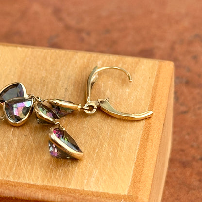 Estate 14KT Yellow Gold Trillion Faceted Mystic Topaz Bezel Dangle Earrings - LSJ