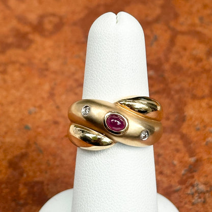 Estate 14KT Yellow Gold Oval Ruby + Diamond Matte Dome Ring