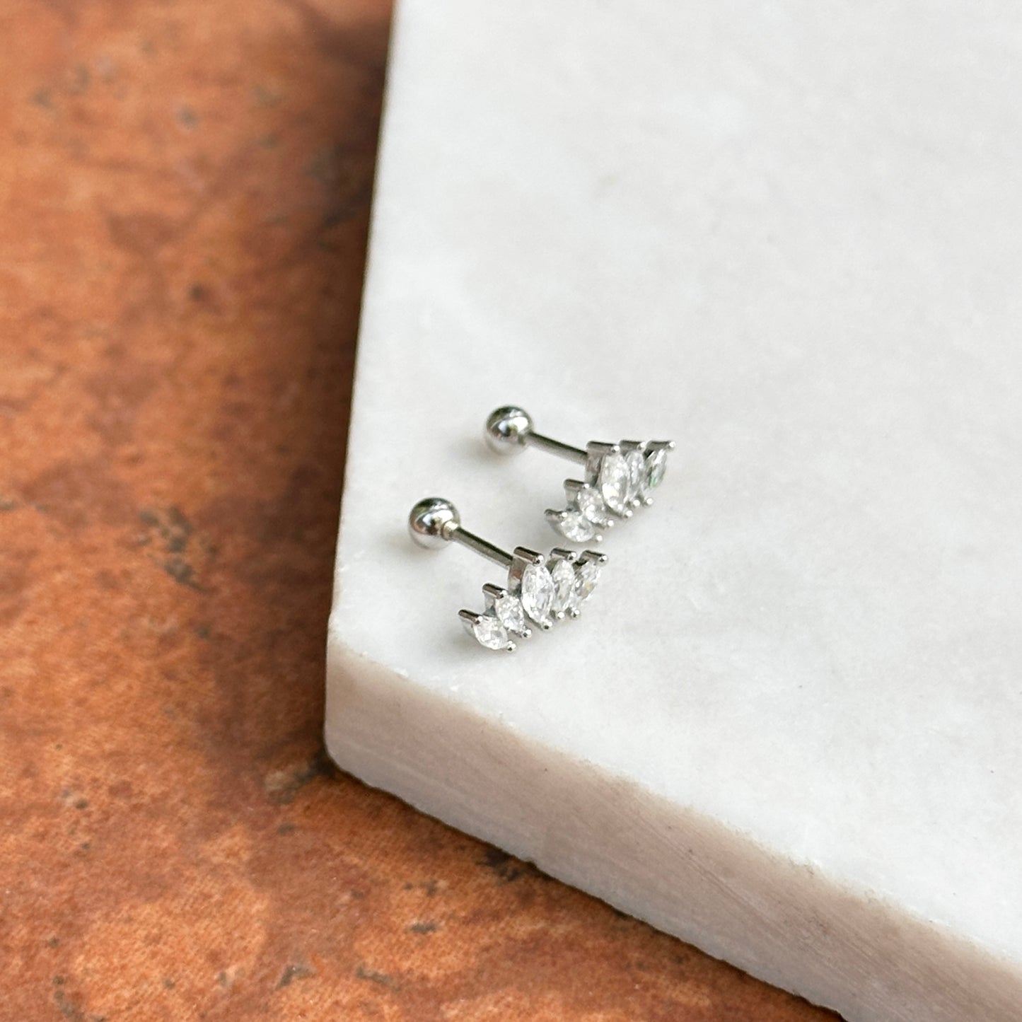 Sterling Silver "Crown" Marquise Cubic Zirconia Post Earrings + Ball Backs