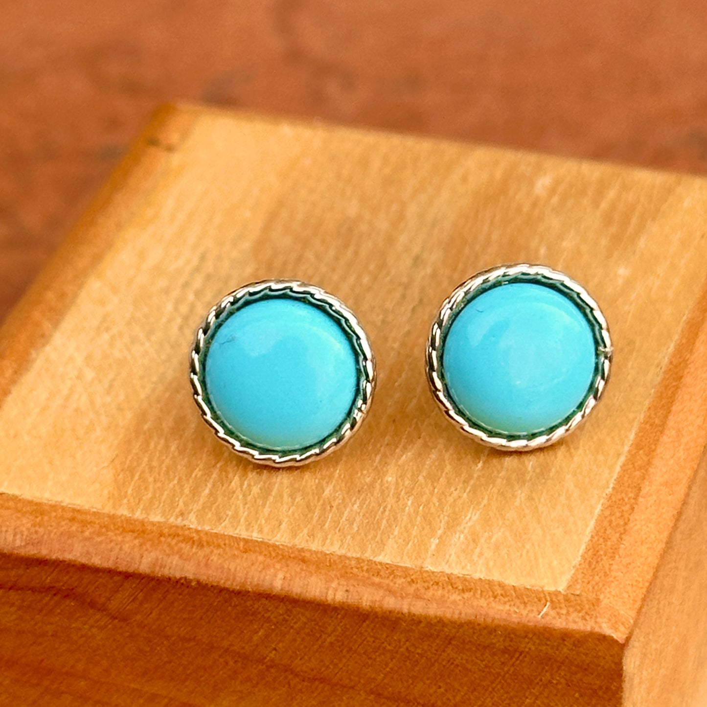 Estate 14KT White Gold Sleeping Beauty Turquoise Cabochon Round Stud Earrings - LSJ
