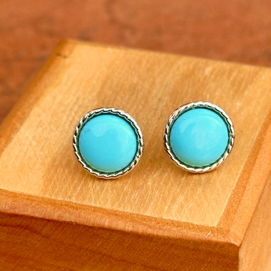 Estate 14KT White Gold Sleeping Beauty Turquoise Cabochon Round Stud Earrings - LSJ