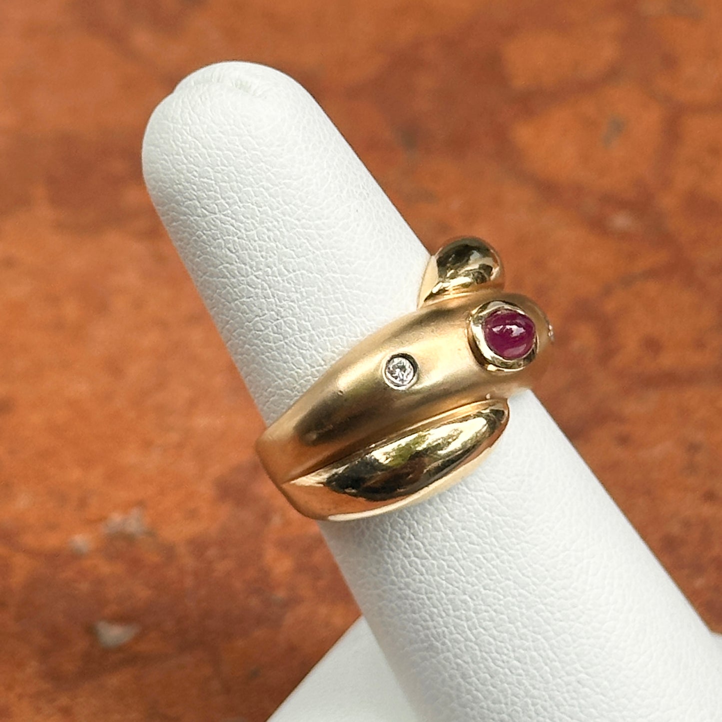Estate 14KT Yellow Gold Oval Ruby + Diamond Matte Dome Ring