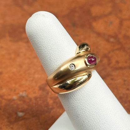 Estate 14KT Yellow Gold Oval Ruby + Diamond Matte Dome Ring