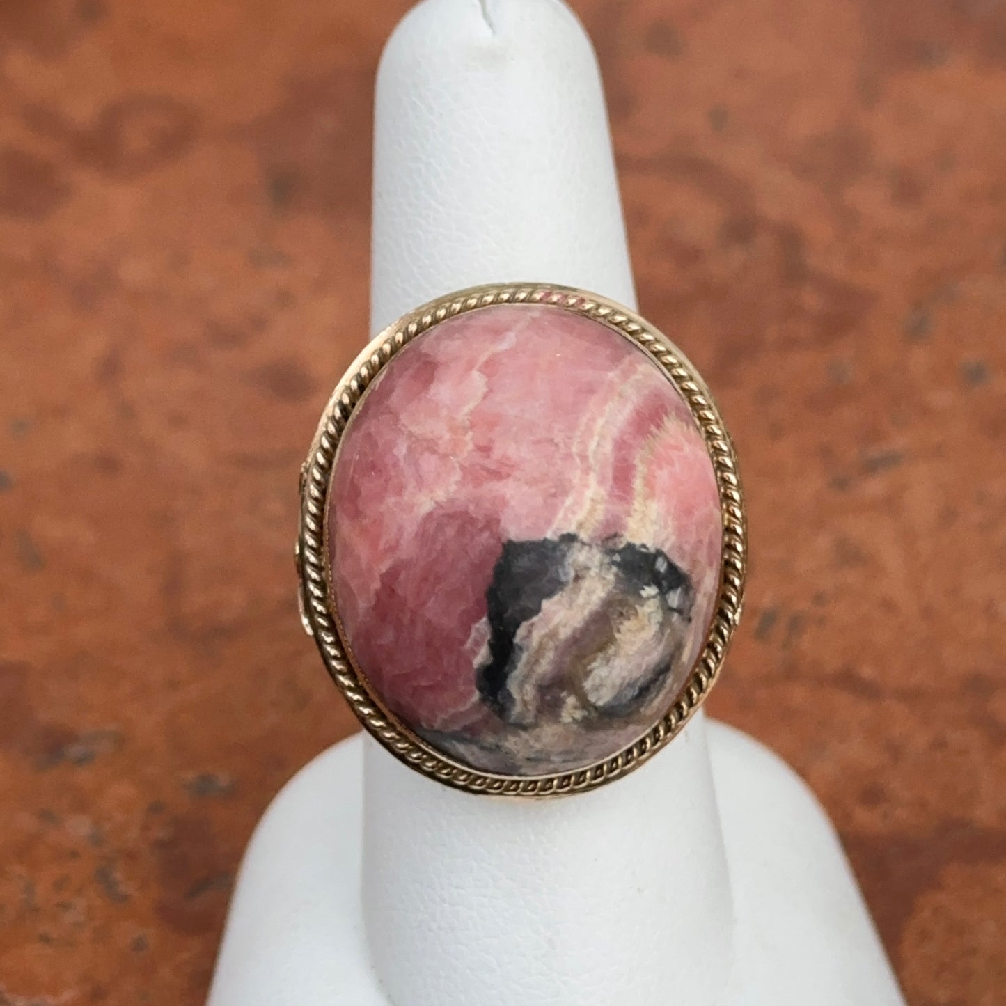 Estate 10KT Yellow Gold Genuine Mauve Pink + Gray Black Rhodonite Oval Large Ring