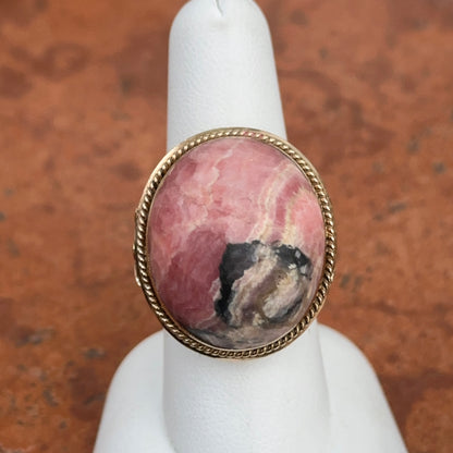 Estate 10KT Yellow Gold Genuine Mauve Pink + Gray Black Rhodonite Oval Large Ring