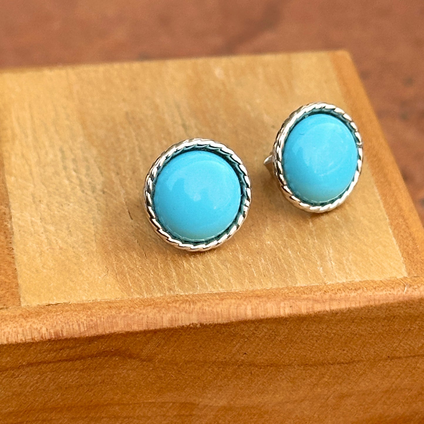 Estate 14KT White Gold Sleeping Beauty Turquoise Cabochon Round Stud Earrings - LSJ