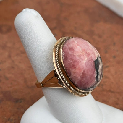 Estate 10KT Yellow Gold Genuine Mauve Pink + Gray Black Rhodonite Oval Large Ring