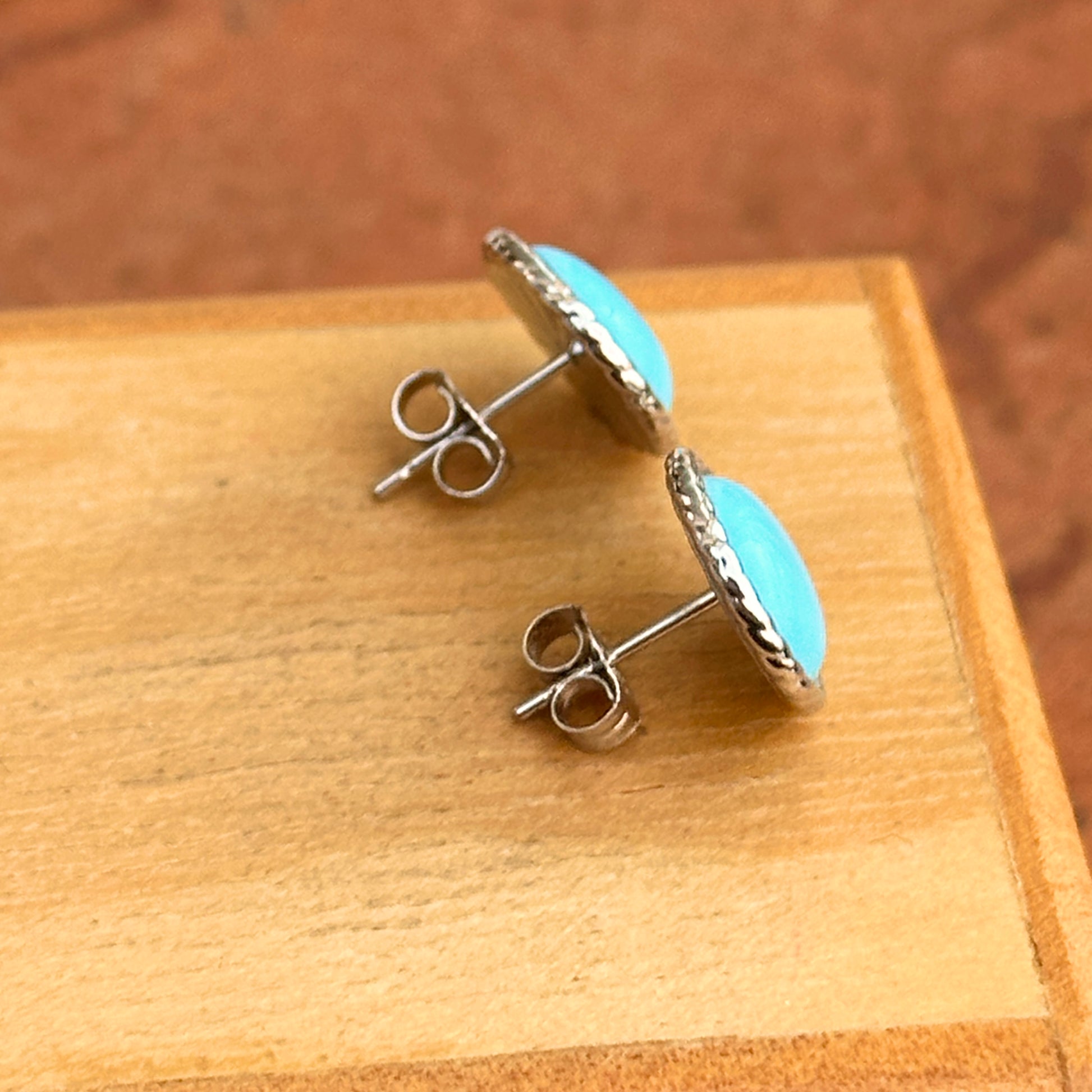 Estate 14KT White Gold Sleeping Beauty Turquoise Cabochon Round Stud Earrings - LSJ