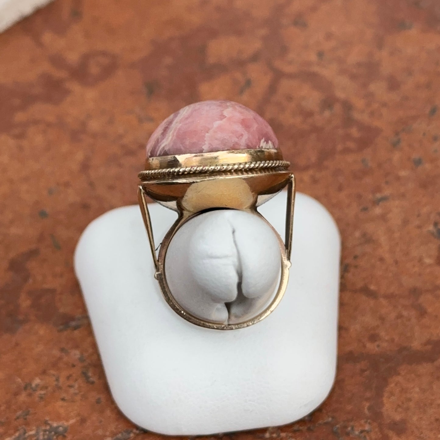 Estate 10KT Yellow Gold Genuine Mauve Pink + Gray Black Rhodonite Oval Large Ring