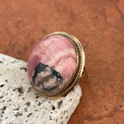 Estate 10KT Yellow Gold Genuine Mauve Pink + Gray Black Rhodonite Oval Large Ring