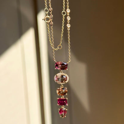 Estate 14KT Yellow Gold Multi Colored Pink Tourmaline + Diamond Y Pendant Necklace - LSJ