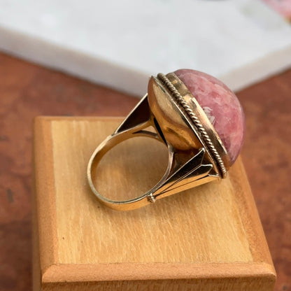 Estate 10KT Yellow Gold Genuine Mauve Pink + Gray Black Rhodonite Oval Large Ring