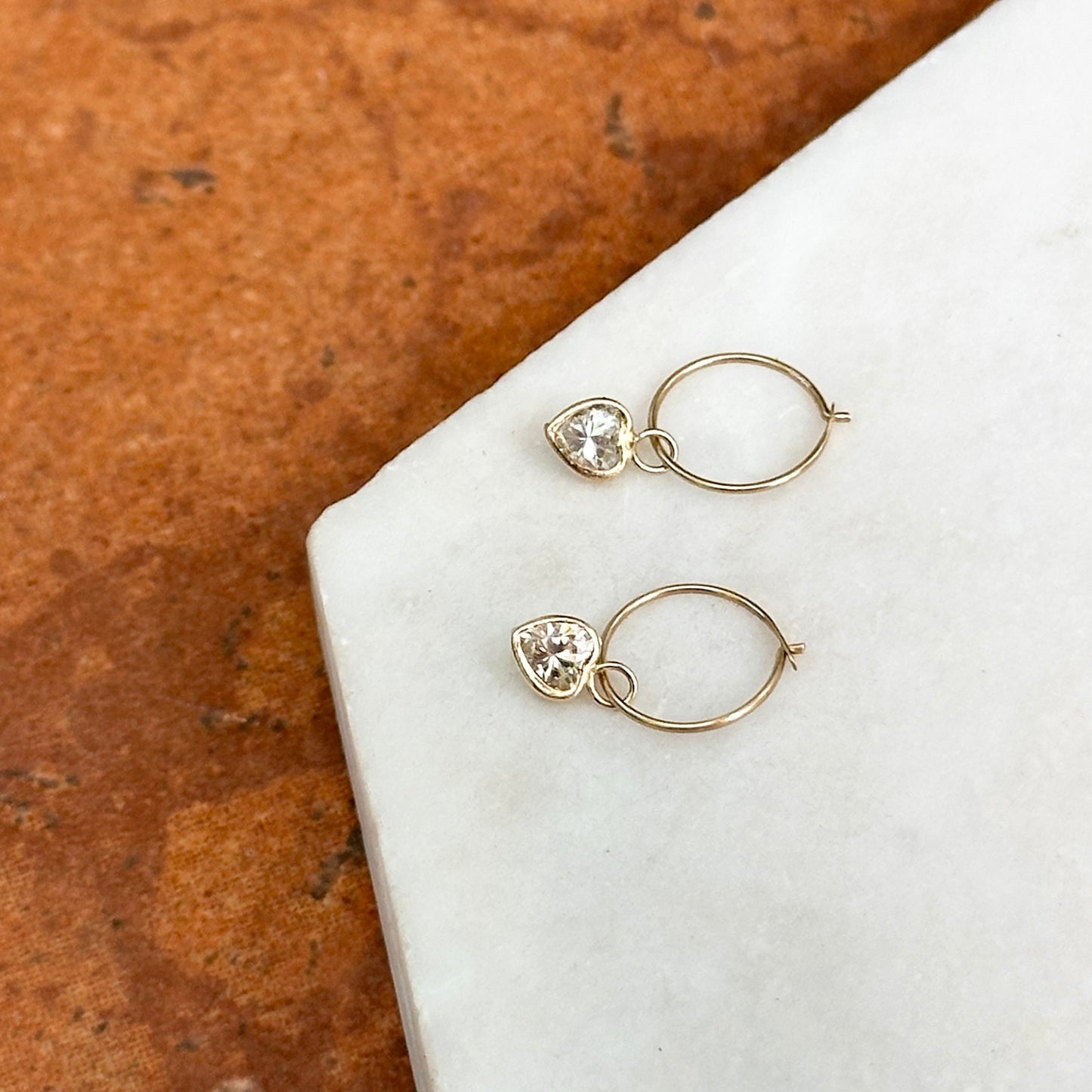 14KT Yellow Gold Small Hoop Earrings + Cubic Zirconia Heart Dangles
