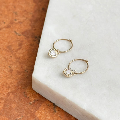 14KT Yellow Gold Small Hoop Earrings + Cubic Zirconia Heart Dangles