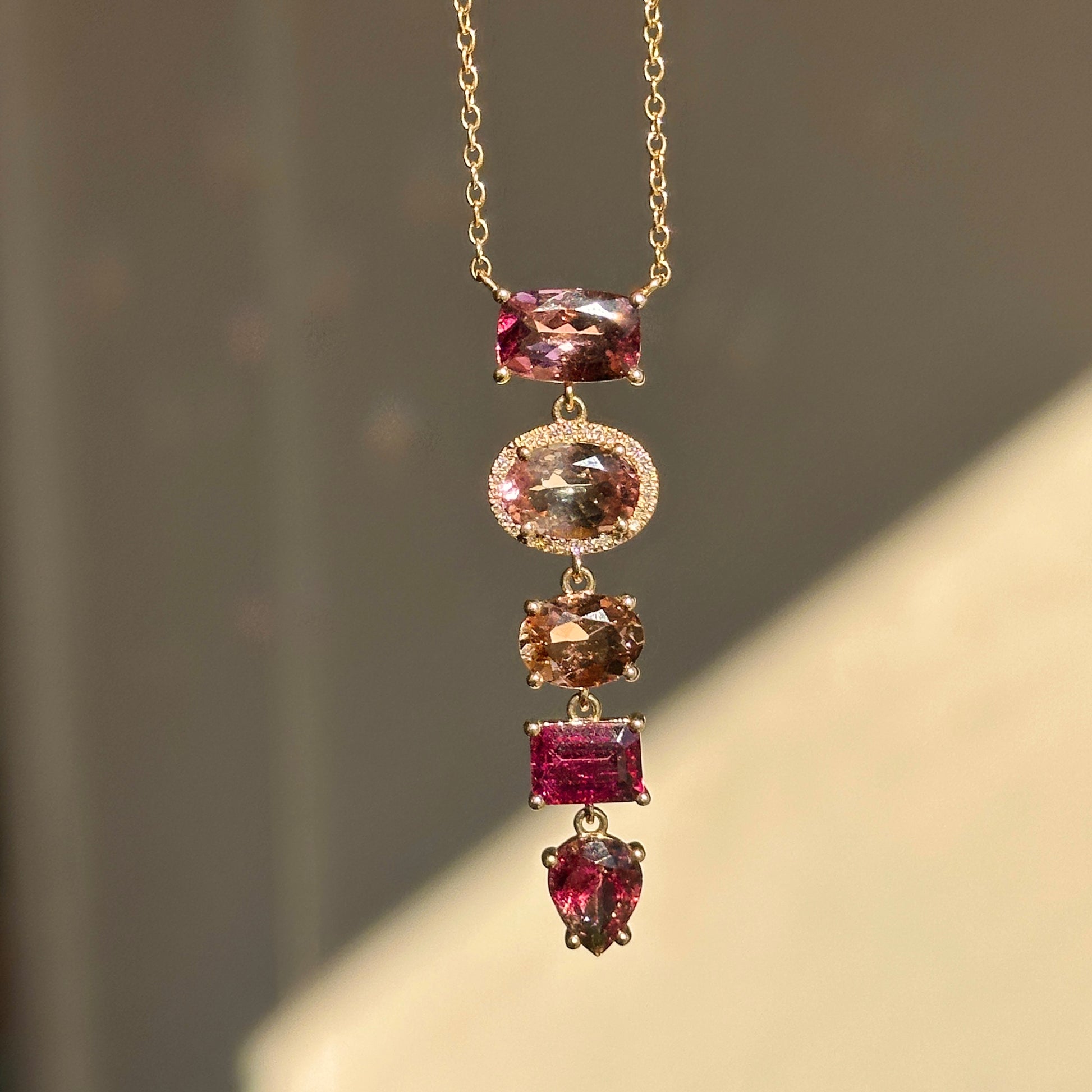 Estate 14KT Yellow Gold Multi Colored Pink Tourmaline + Diamond Y Pendant Necklace - LSJ
