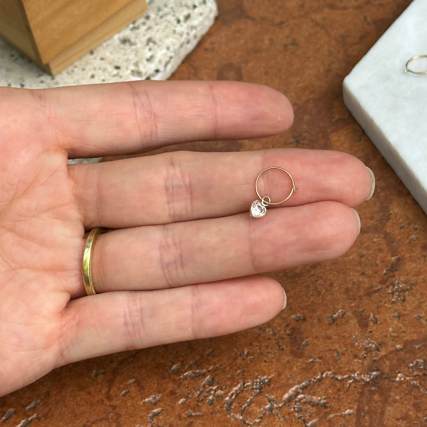 14KT Yellow Gold Small Hoop Earrings + Cubic Zirconia Heart Dangles